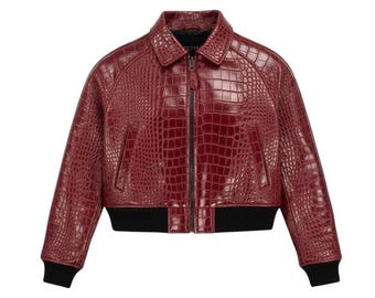 Croc-Embossed Red Leather Bomber Jacket – Handmade Cropped Outerwear