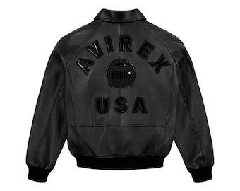 Chaqueta bomber de cuero auténtico Avirex negra para hombre, chaqueta de cuero de vuelo americana