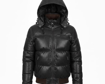 Czarna skórzana kurtka puchowa z kapturem, zimowa kurtka typu bomber w stylu vintage