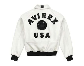 Men's White Avirex Real Leather Bomber Jacket American Flight Leather Jacket