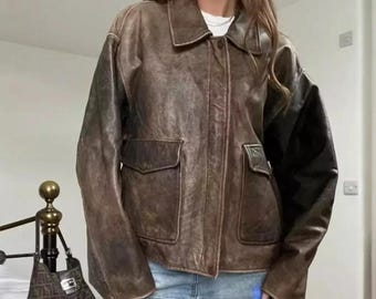 90s Oversized Aviator Leather Jacket – Women’s Vintage Brown Distressed Pilot Coat