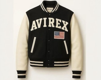 Avirex Varsity Jacket Men – Black & Cream Letterman Bomber, USA Flag College Baseball Jacket