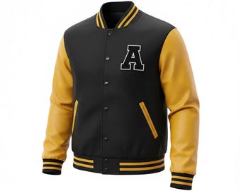 Unisex Black Varsity Jacket – Yellow Faux Leather Sleeves, Chenille Patch
