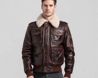 Men's Distressed Leather Bomber Jacket | Vintage Aviator Flight Coat