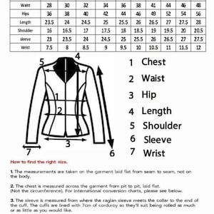 May include: A ladies' size chart with measurements in inches for chest, waist, hips, length, shoulder, sleeve, and wrist. The chart includes sizes XS to 6XL. A diagram illustrates how to measure a jacket for accurate sizing.