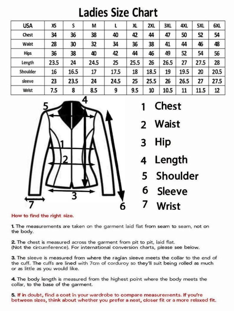 May include: A ladies' size chart with measurements in inches for chest, waist, hips, length, shoulder, sleeve, and wrist. The chart includes sizes XS to 6XL. A diagram illustrates how to measure a jacket for accurate sizing.