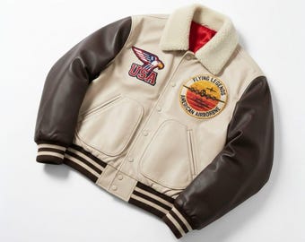 Vintage Real Leather Bomber Jacket — Airborne Flying Legend Varsity Jacket, Military Aviator Coat
