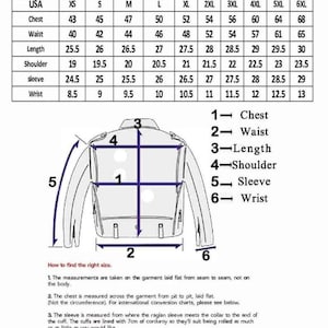 May include: A size chart labelled "Gents Size Chart" with measurements in inches for chest, waist, length, shoulder, sleeve, and wrist. A diagram illustrates how to measure a jacket. Includes size conversions.