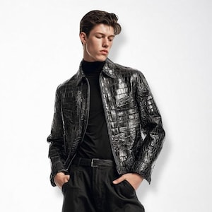 Men’s Crocodile Embossed Leather Biker Jacket – Genuine Moto Coat