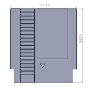 May include: A gray, rectangular video game cartridge with dimensions of 120.00 x 134.00. The cartridge has a ridged side and a triangular marking. This is a technical drawing of a classic gaming accessory.