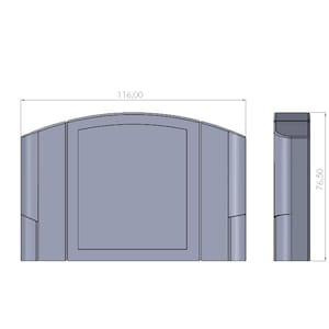 May include: A 3D technical drawing of a gray rectangular object with rounded top edges, and a side view. The object is labeled with measurements: 116.00 and 76.50. The object appears to be a game cartridge.