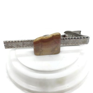 Vintage Southwestern Picture Jasper Tie Clip: Stainless Steel Textured Bar