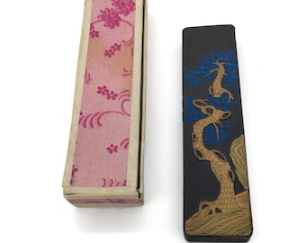 Vintage Asian Black Ink Stick Majestic Golden Tree with Brillant Royal Blue Leaves 4 Inches Long