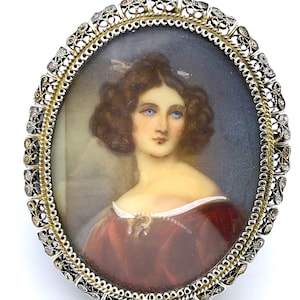 Intricate Miniature Portrait Pin in Ornate Filigree Frame - A Piece of History