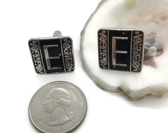 Square Cufflinks Initial "E" Black enamel flanked by Scroll designs Silver tone Metal Stamped SWANK 19 mm bullet style swivel fastener