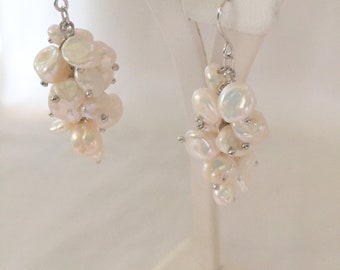 White Keshi Cultured Freshwater Pearl Cluster Dangle Earrings Sterling Silver 1 3/4 Inches Long