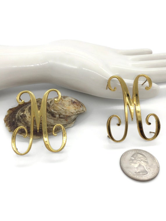 Vintage Brass "M" Monogram: Gold Plated Script In… - image 1