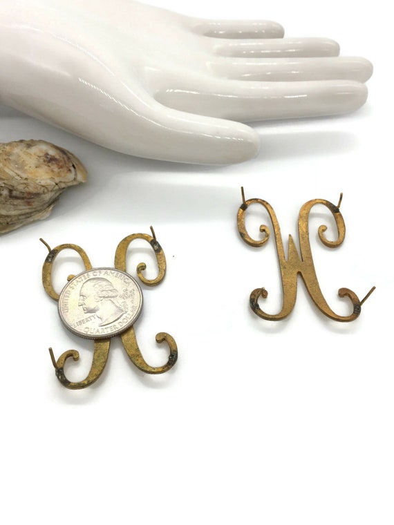 Vintage Brass "M" Monogram: Gold Plated Script In… - image 3