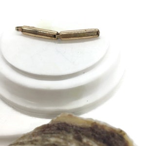 May include: Gold-toned watch band link with a polished finish. The link is made of metal and has a rectangular shape.