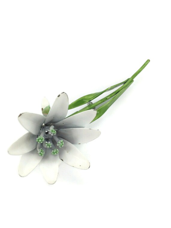 Retro White Enamel Flower Pin Long Green Stem 4 In