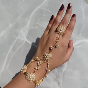 Brass Hand Harness Bracelet with Peach Pearls, Floral Engraved Hand Jewelry