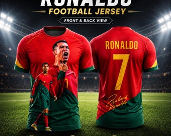 May include: A red and green football jersey featuring a graphic of Ronaldo on the front and the name RONALDO with the number 7 and a signature on the back. The text RONALDO FOOTBALL JERSEY FRONT & BACK VIEW is displayed above the jersey.