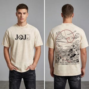 May include: A beige acid-wash t-shirt featuring a black JOJO logo on the front chest. The back displays a detailed black line-art illustration of a horse race with a red golden ratio spiral overlay and the text JOJO's Bizarre Adventure Steel Ball Run.