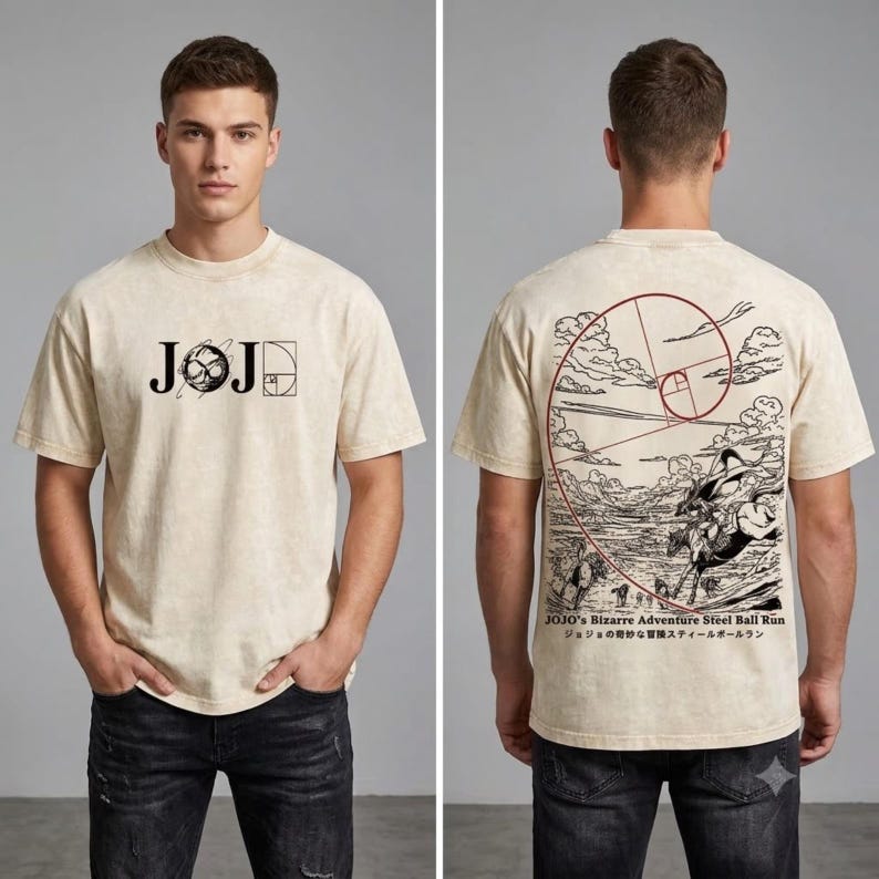 May include: A beige acid-wash t-shirt featuring a black JOJO logo on the front chest. The back displays a detailed black line-art illustration of a horse race with a red golden ratio spiral overlay and the text JOJO's Bizarre Adventure Steel Ball Run.