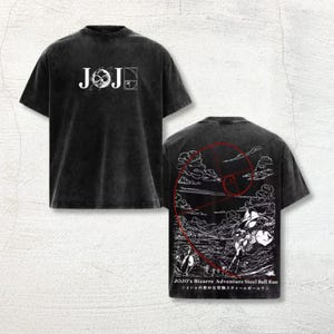 May include: A black acid-wash t-shirt featuring the white text JOJO with a golden ratio spiral graphic on the front. The back displays a detailed white line-art illustration of a horse race with a red spiral overlay and the text JOJO's BIZARRE ADVENTURE.