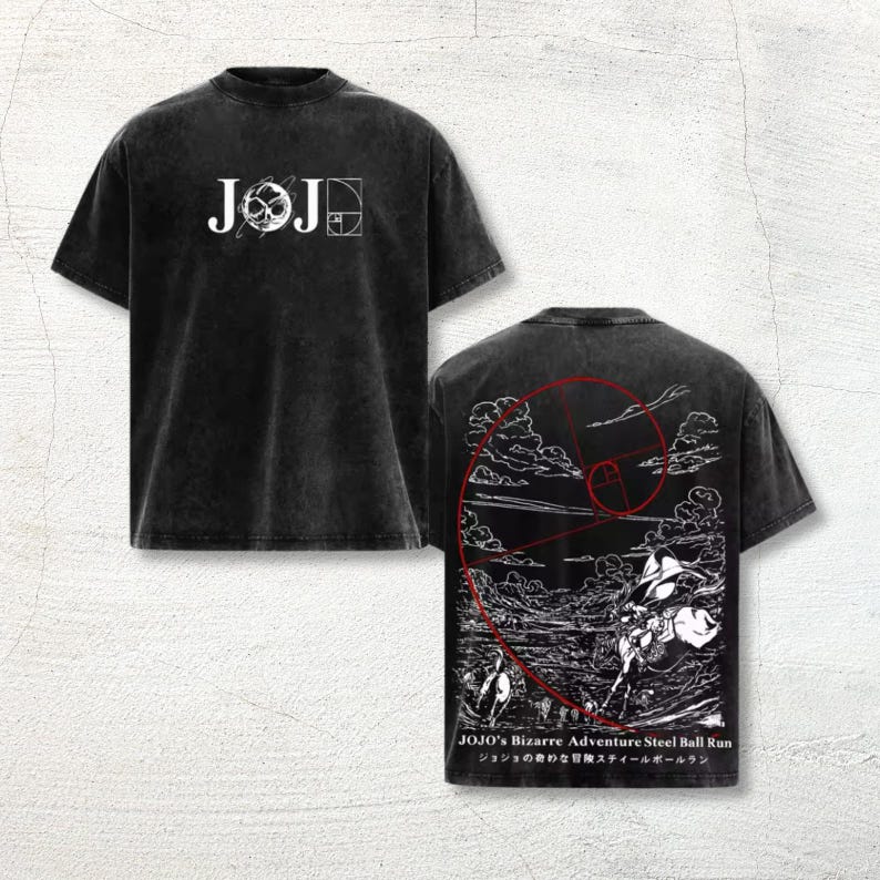May include: A black acid-wash t-shirt featuring the white text JOJO with a golden ratio spiral graphic on the front. The back displays a detailed white line-art illustration of a horse race with a red spiral overlay and the text JOJO's BIZARRE ADVENTURE.