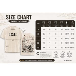 May include: An oversized beige t-shirt size chart featuring a front view with the text JOJO and a back view with a graphic of two figures on horseback. The chart displays bust, length, shoulder, sleeve, height, and weight measurements in cm and kg.