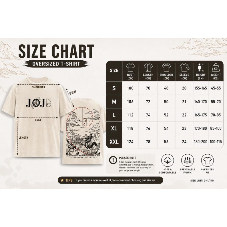 May include: An oversized beige t-shirt size chart featuring a front view with the text JOJO and a back view with a graphic of two figures on horseback. The chart displays bust, length, shoulder, sleeve, height, and weight measurements in cm and kg.
