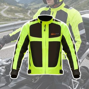 Può includere: Giacca da moto giallo neon e nera con cerniera frontale completa. La giacca presenta pannelli neri sul petto e sulle maniche, con strisce riflettenti. Il marchio "Going Ride" è visibile sul petto.