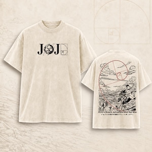 May include: A beige short-sleeve t-shirt featuring a front graphic with the text JOJO and a golden ratio spiral. The back displays a detailed black and white illustration of a horse race with a red golden ratio spiral and the text JOJO's Bizarre Adventure Steel Ball Run.