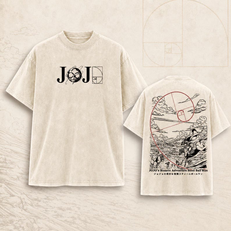 May include: A beige short-sleeve t-shirt featuring a front graphic with the text JOJO and a golden ratio spiral. The back displays a detailed black and white illustration of a horse race with a red golden ratio spiral and the text JOJO's Bizarre Adventure Steel Ball Run.