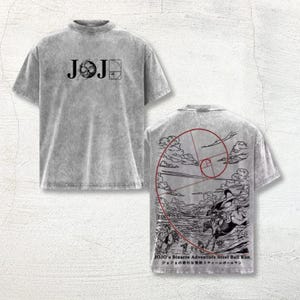 May include: A gray acid-wash t-shirt featuring a front graphic with the text JOJO and a golden ratio spiral. The back displays a detailed black and white illustration of a horse race with a red spiral overlay and the text JOJO'S BIZARRE ADVENTURE.