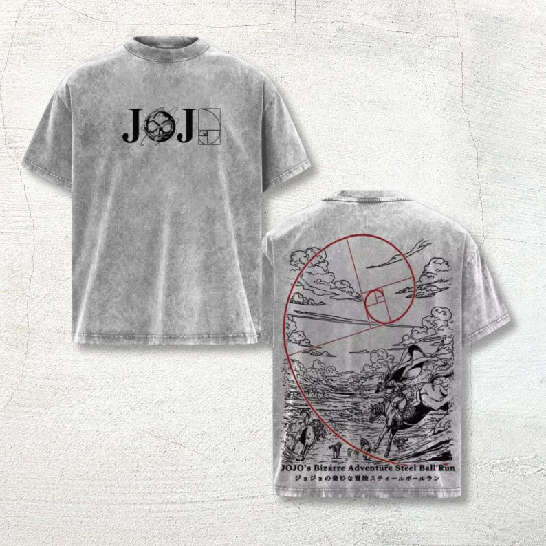 May include: A gray acid-wash t-shirt featuring a front graphic with the text JOJO and a golden ratio spiral. The back displays a detailed black and white illustration of a horse race with a red spiral overlay and the text JOJO'S BIZARRE ADVENTURE.