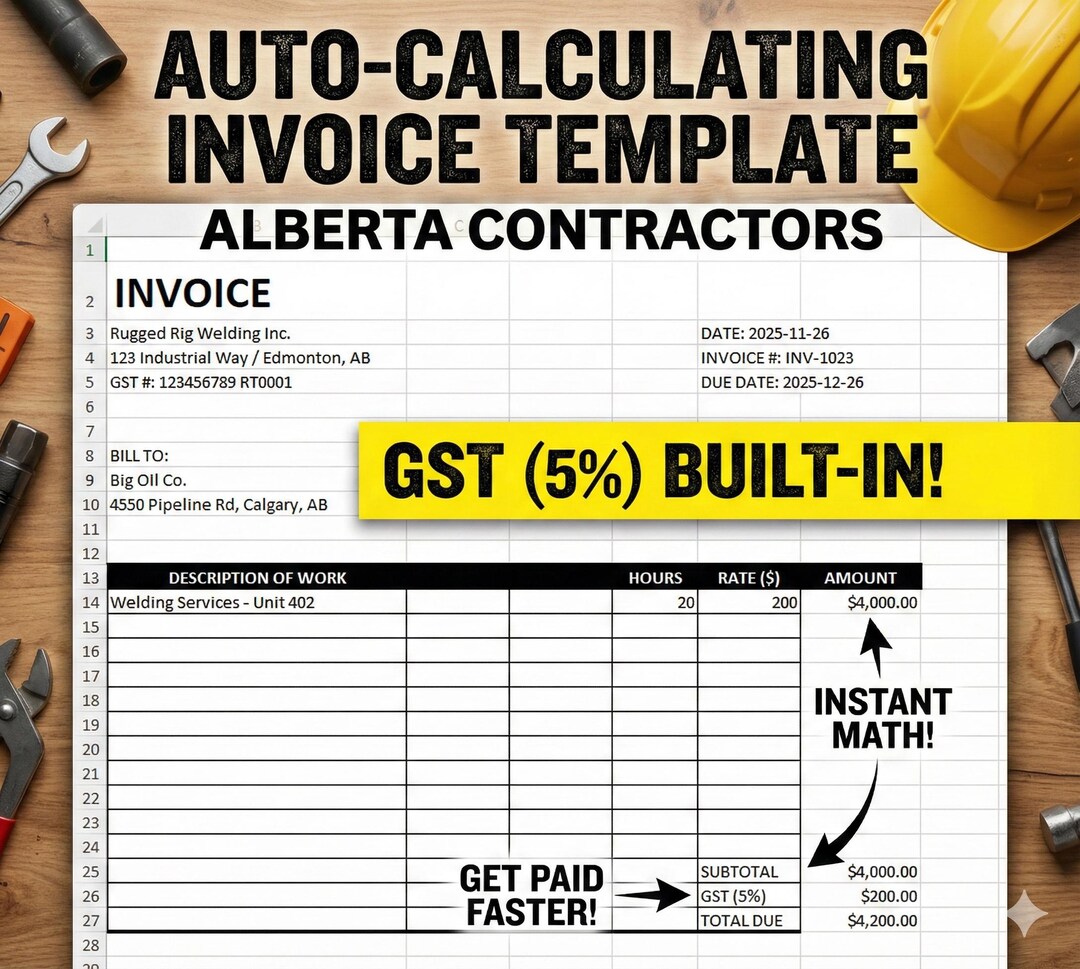 Alberta Invoice Template Excel - Auto Calculating GST 5% - Contractor ...
