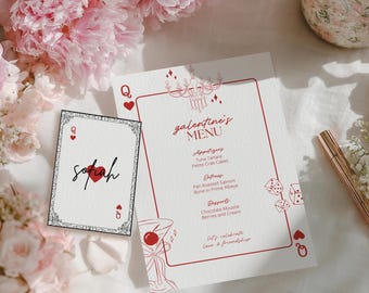 Queen of Hearts Galentines Party Menu, Galentines Playing Card Menu, Name Place Cards, Casino Poker Party, Editable Canva Template