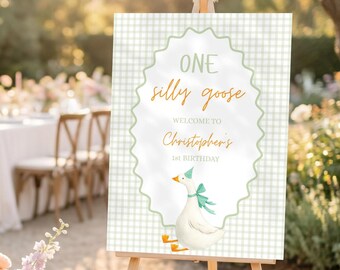 One Silly Goose Birthday Welcome Sign Green Gingham First Birthday 1st Birthday Silly Goose Decor Editable Welcome Nursery Rhyme Birthday