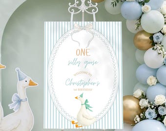 One Silly Goose Birthday Welcome Sign Blue Stripes First Birthday 1st Birthday Silly Goose Decor Editable Welcome Nursery Rhyme Birthday