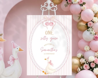 One Silly Goose Birthday Welcome Sign Pink Gingham First Birthday 1st Birthday Silly Goose Decor Editable Welcome Nursery Rhyme Birthday