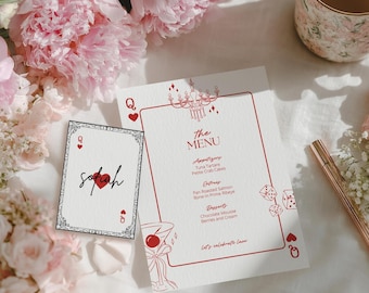 Queen of Hearts Party Menu, Playing Card Menu, Name Place Cards, Casino Poker Party, Casino Card, Editable Canva Template, Instant Download