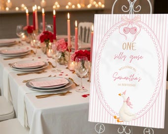 One Silly Goose Birthday Welcome Sign Pink Gingham First Birthday 1st Birthday Silly Goose Decor Editable Welcome Nursery Rhyme Birthday