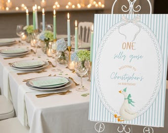 One Silly Goose Birthday Welcome Sign Blue Stripes First Birthday 1st Birthday Silly Goose Decor Editable Welcome Nursery Rhyme Birthday