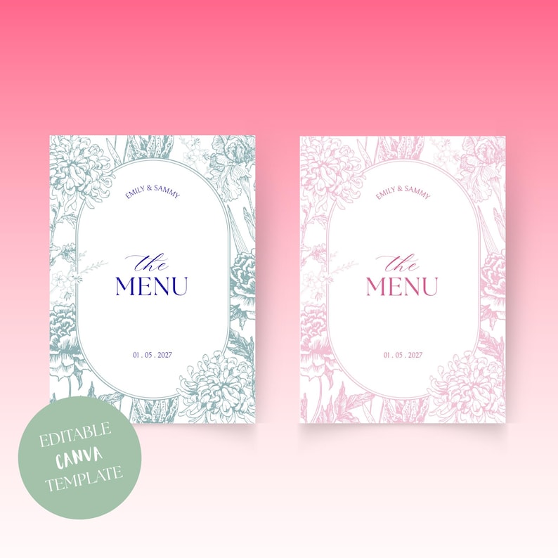 Menu Sign Pink Pink Toile Menu Template, Double Sided Menu, Pink Floral Menu, Wedding ...