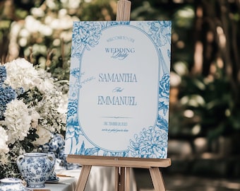 French Toile Sign, Vintage Floral Welcome Sign, Blue Floral Design, Editable Canva Template, Instant Download, Flower Wedding Entrance Sign