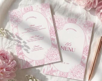 Pink Toile Menu Template, Double Sided Menu, Pink Floral Menu, Wedding Menu, Shower Menu, Digital Menu, Instant Download, Canva Template