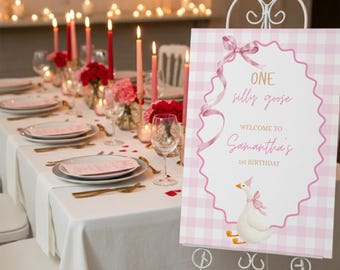 One Silly Goose Birthday Welcome Sign Pink Gingham First Birthday 1st Birthday Silly Goose Decor Editable Welcome Nursery Rhyme Birthday
