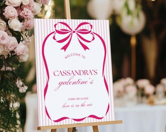 Galentine's Welcome Sign, Valentine's Welcome Template, Galentine's Day Sign, Pink Bow Coquette Sign, Editable Canva Template, Girls Night